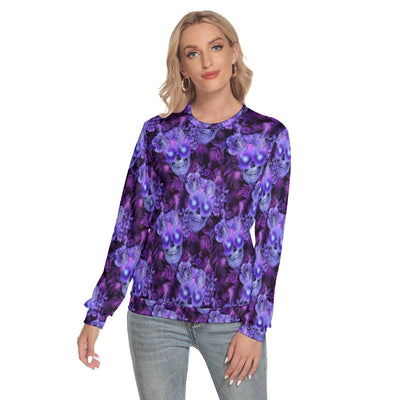Purple Skulls And Flowers Slim Round Neck Sweatshirt - Wonder Skull