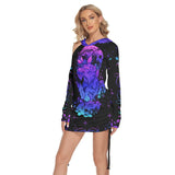 Wolf Flower All Over Print Women One Shoulder Dress With Waist Shirring, Long Hoodie For Women - Wonder Skull