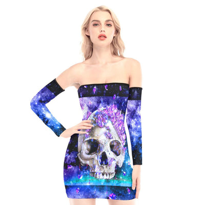 Galaxy Gemstone Skull Off-shoulder Back Lace-up Dress - Wonder Skull