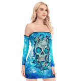 Skull Gothic Blue Rose Off-shoulder Back Lace-up Dress - Wonder Skull