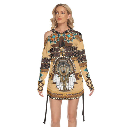 Tribe Wolf All Over Print Women One Shoulder Dress With Waist Shirring, Long Hoodie For Women - Wonder Skull
