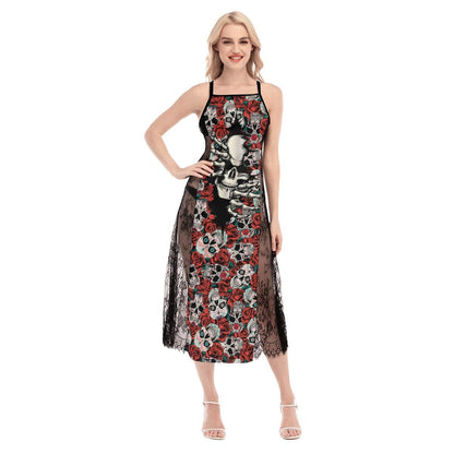 Rose Crack Skull Pattern Lace Cami Cross Back Women Dress - Wonder Skull