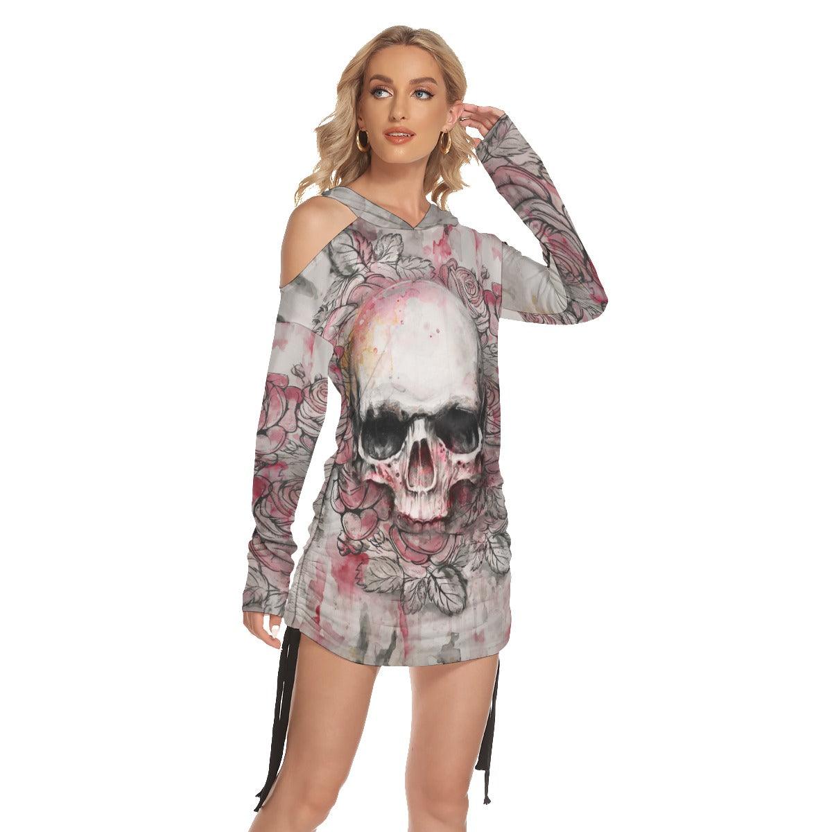 Black Pink Color Drawing Skull Print Open Shoulder Dress  - Wonder Skull
