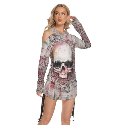 Black Pink Color Drawing Skull Print Open Shoulder Dress  - Wonder Skull
