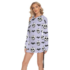 Purple Bat Skull All Over Print Women One Shoulder Dress With Waist Shirring, Long Hoodie For Women - Wonder Skull