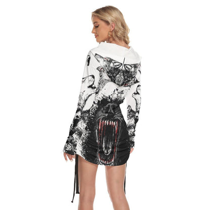 Wolves Howling All Over Print Women One Shoulder Dress With Waist Shirring, Hot Long Hoodie For Women - Wonder Skull