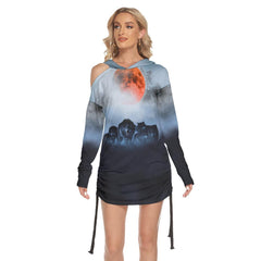 Hunting Mode Wolves All Over Print Women One Shoulder Dress With Waist Shirring, Long Hoodie For Women - Wonder Skull