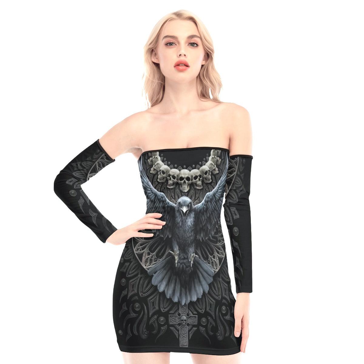 Gothic Raven Skull Off-shoulder Back Lace-up Dress - Wonder Skull
