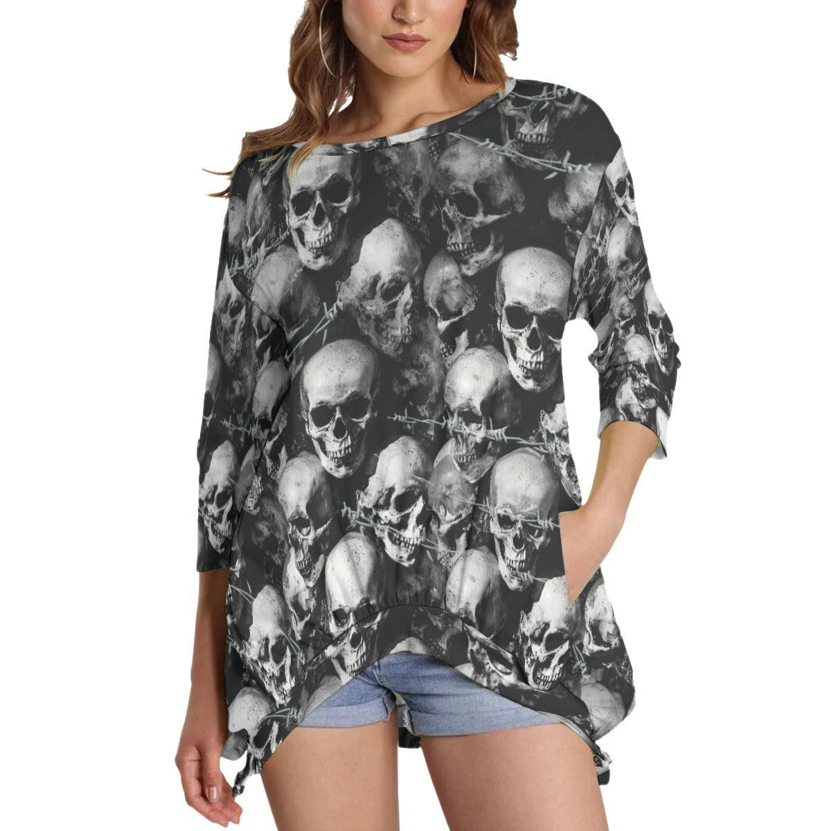 Barbed Wire Skull Sweatshirt With Irregular Pleated Hem - Wonder Skull