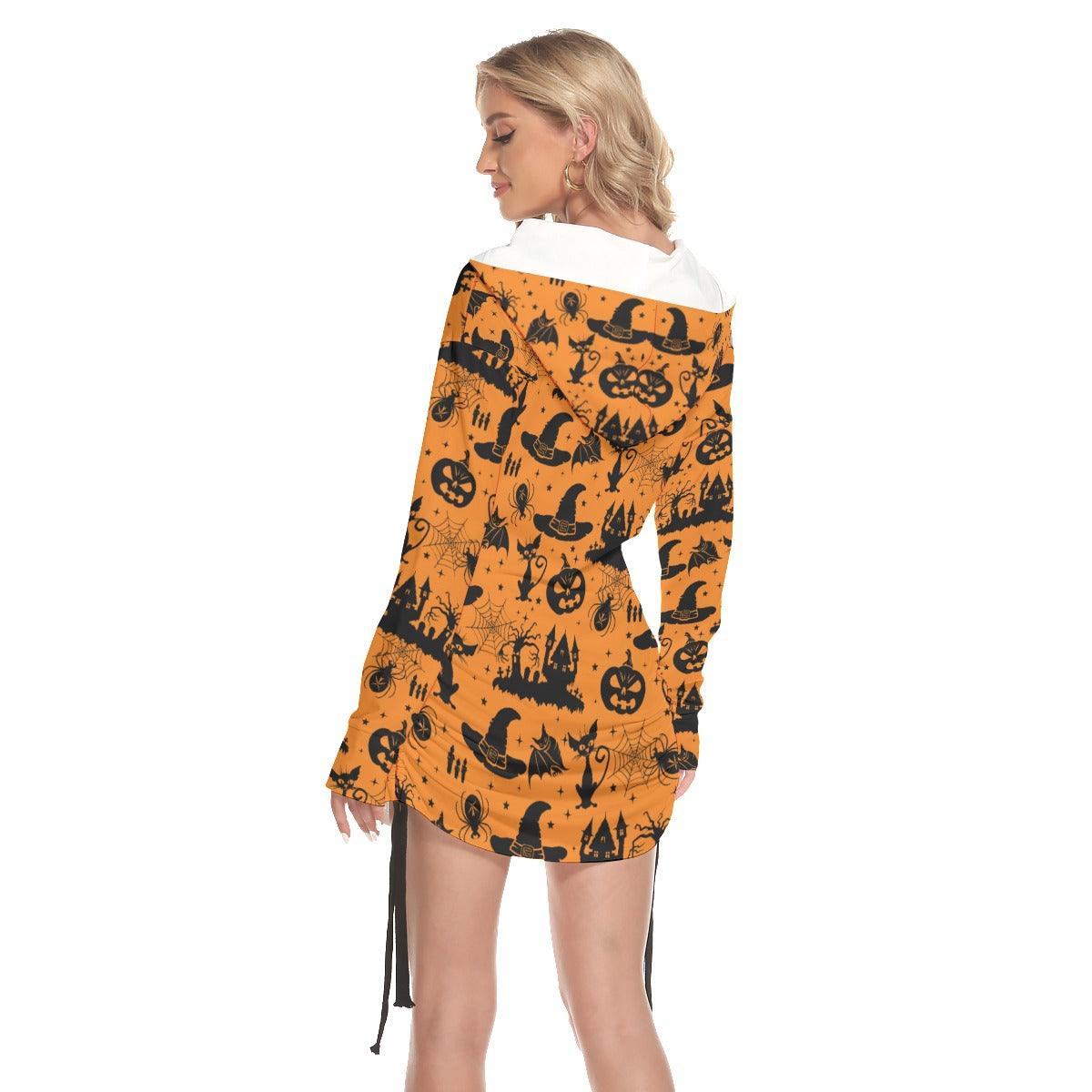 Halloween Cat Pumpkin All Over Print Women One Shoulder Dress With Waist Shirring, Long Hoodie For Women - Wonder Skull