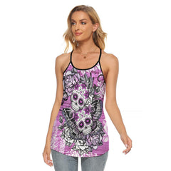 Pink Sugar Skull Butterfly Criss-Cross Open Back Tank Top, Coolest T-Shirt For Women - Wonder Skull