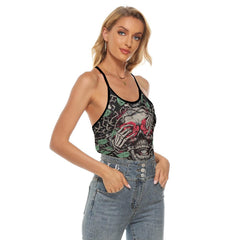 Skull Rose Thorn Artwork Criss-Cross Open Back Tank Top, Coolest T-Shirt For Women - Wonder Skull