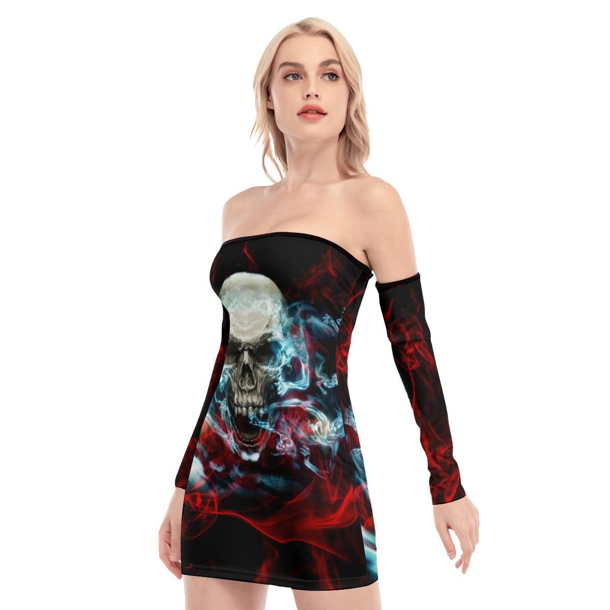 Skull Smoke Red Blue Off-shoulder Back Lace-up Dress - Wonder Skull