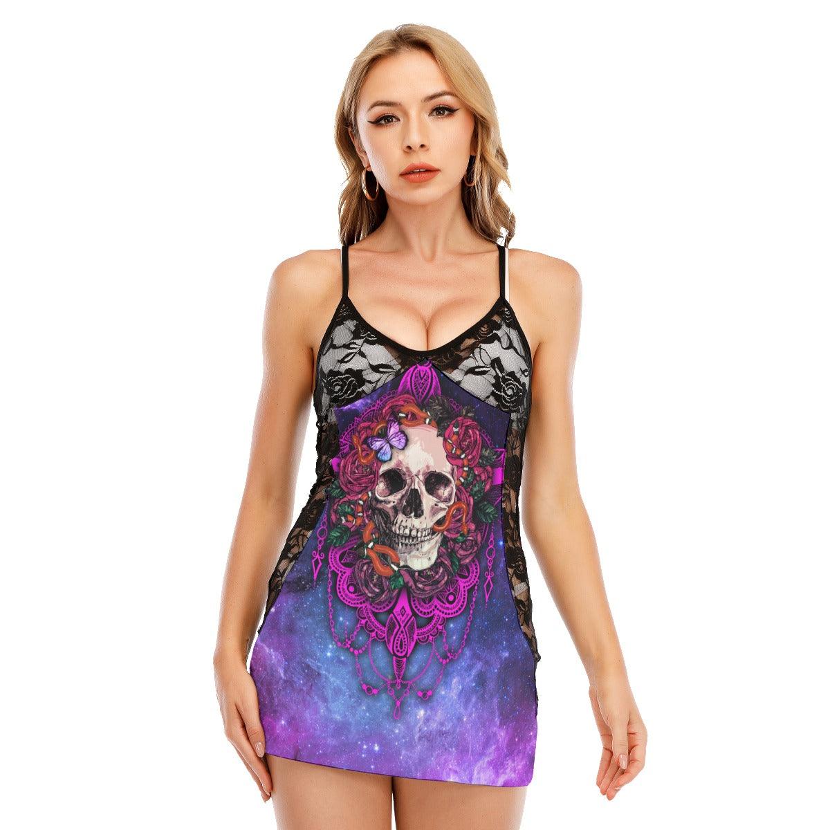 Skull Rose All-Over Print Women Black Lace Cami Dress, Funny Nightwear For Women - Wonder Skull