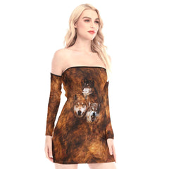 Triple Wolf Off-shoulder Back Lace-up Dress - Wonder Skull