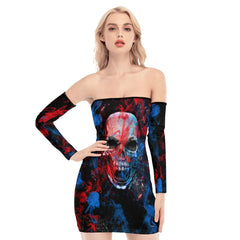 Skull Sugar Red Blue Smoke Off-shoulder Back Lace-up Dress - Wonder Skull