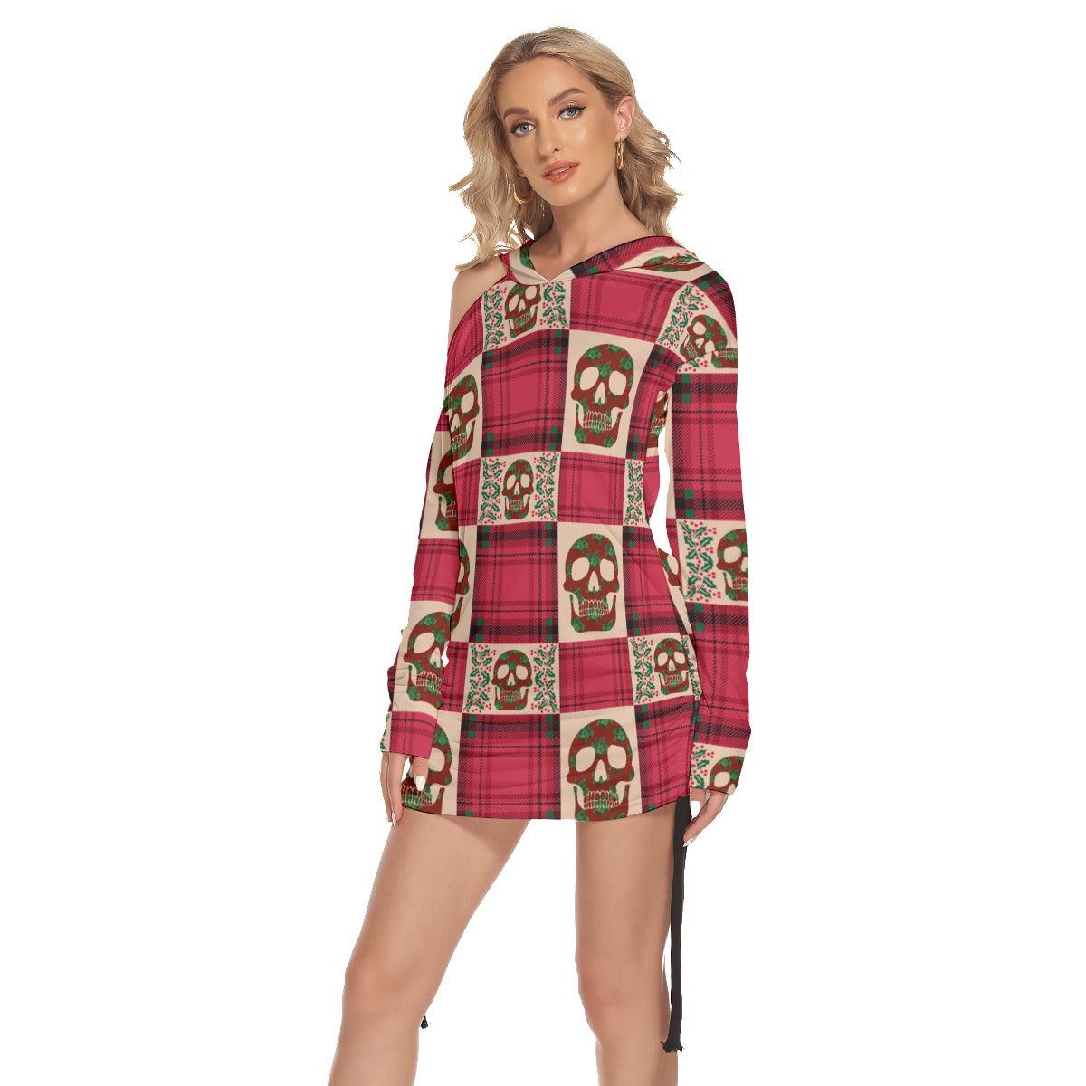 Christmas Red Skull Checked Pattern Print Open Shoulder Dress - Wonder Skull