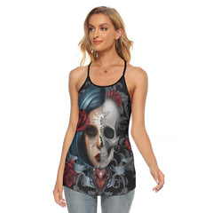 Vintage Gothic Girl Skull Rose Criss-Cross Open Back Tank Top, Coolest T-Shirt For Women - Wonder Skull