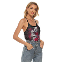 Cross Skull Gothic Rose Criss-Cross Open Back Tank Top, Coolest T-Shirt For Women - Wonder Skull