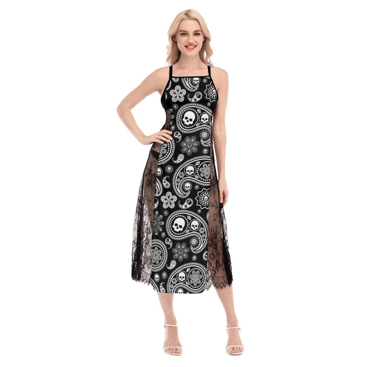 Hot Gothic Skull Pattern Lace Cami Cross Back Women Dress - Wonder Skull