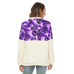 Violet Skull Fire Borg Fleece Sweatshirt With Half Zip - Wonder Skull