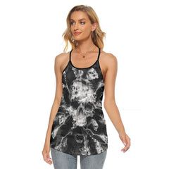 B&W Smoke Soul Skull Criss-Cross Open Back Tank Top, Coolest T-Shirt For Women - Wonder Skull