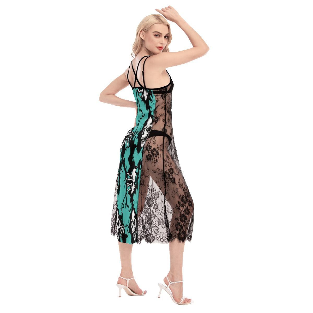 Hot Crack Skull Cyan Lace Cami Cross Back Women Dress - Wonder Skull