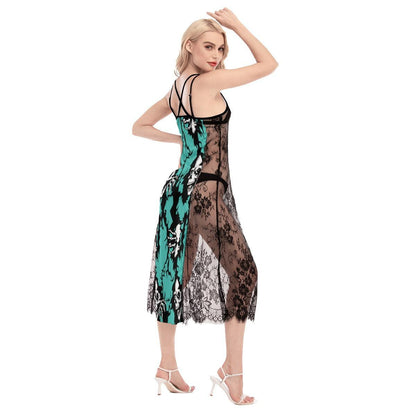 Hot Crack Skull Cyan Lace Cami Cross Back Women Dress - Wonder Skull