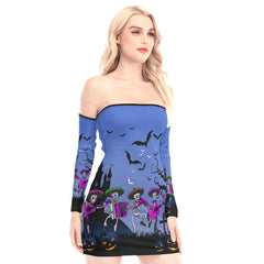 Halloween Skeleton Off-shoulder Back Lace-up Dress - Wonder Skull