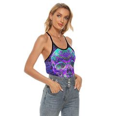 Water Flow Skull Criss-Cross Open Back Tank Top, Coolest T-Shirt For Women - Wonder Skull