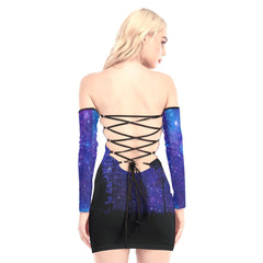 Galaxy Wolf Off-shoulder Back Lace-up Dress - Wonder Skull