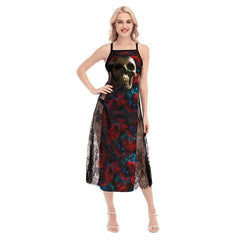 Hot Blue Red Skull Pattern Lace Cami Cross Back Women Dress - Wonder Skull