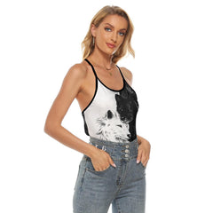 Black & White Wolf Criss-Cross Open Back Tank Top, Hot T-Shirt For Women - Wonder Skull