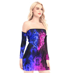 Blue Pink Flaming Skull Off-shoulder Back Lace-up Dress - Wonder Skull