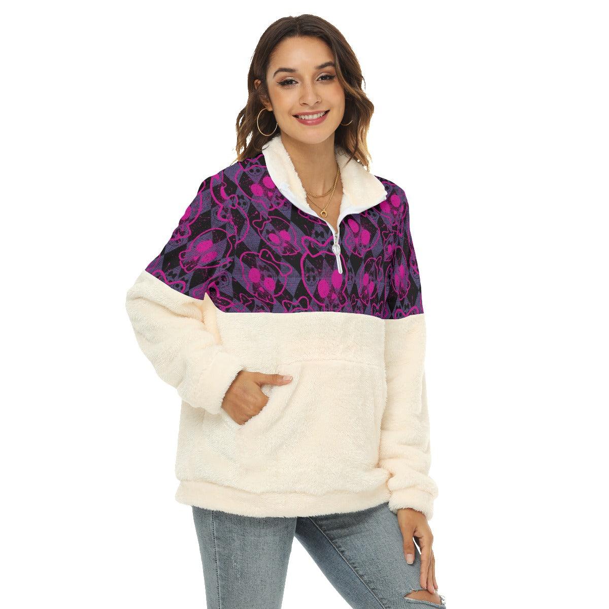 Pink Neon Skull Fleece Sweatshirt With Half Zip - Wonder Skull