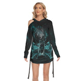 Shadow Head Of Wolves All Over Print Women One Shoulder Dress With Waist Shirring, Long Hoodie For Women - Wonder Skull