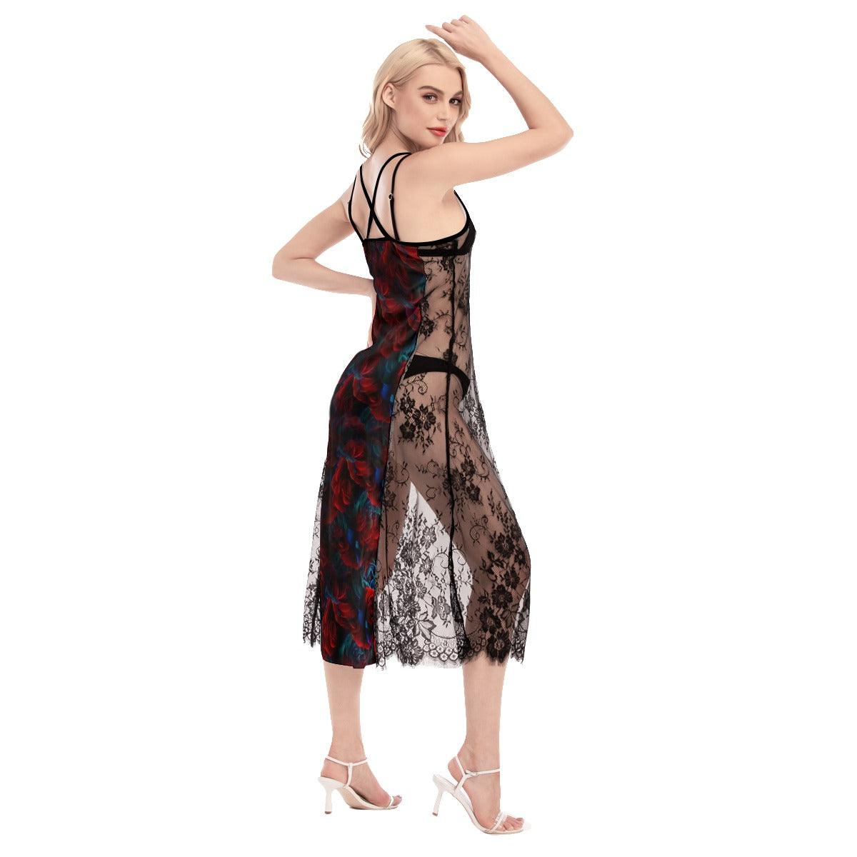 Hot Blue Red Skull Pattern Lace Cami Cross Back Women Dress - Wonder Skull
