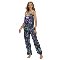 Purple Skull Floral Cami Pajamas Sets For Women Sleepwears Combo - Wonder Skull