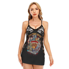 It's The Most Time All-Over Print Women Black Lace Cami Dress, Sexy Sleevless Sleepwear For Women - Wonder Skull