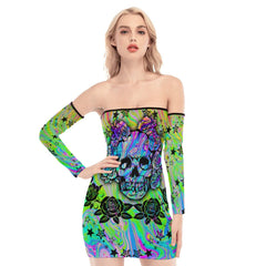 Skull Rose Hologram Off-shoulder Back Lace-up Dress - Wonder Skull