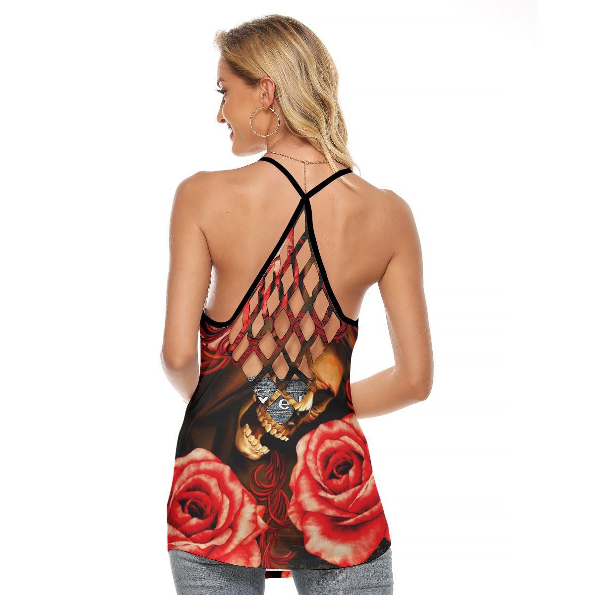 Skull Love Grim Reaper Criss-Cross Open Back Tank Top, Coolest T-Shirt For Women - Wonder Skull