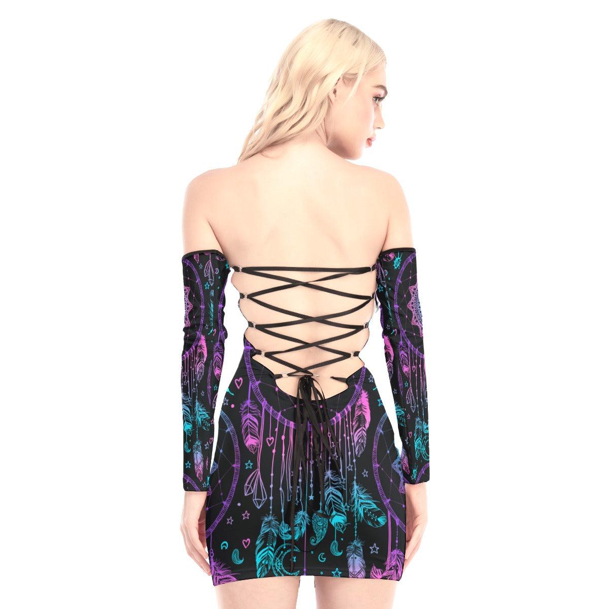 Hippie Wolf  Off-shoulder Back Lace-up Dress - Wonder Skull
