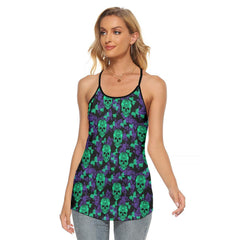 Green Purple Skull Paisley Butter Criss-Cross Open Back Tank Top, Coolest T-Shirt For Women - Wonder Skull