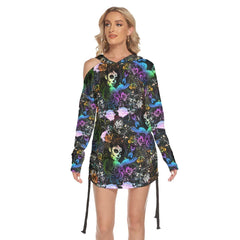 Skull Girl All-Over Print Women One Shoulder Dress With Waist Shirring, Hot Long Hoodie For Women - Wonder Skull