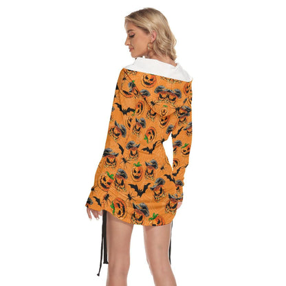 Halloween Bat Pumpkin All Over Print Women One Shoulder Dress With Waist Shirring, Long Hoodie For Women - Wonder Skull