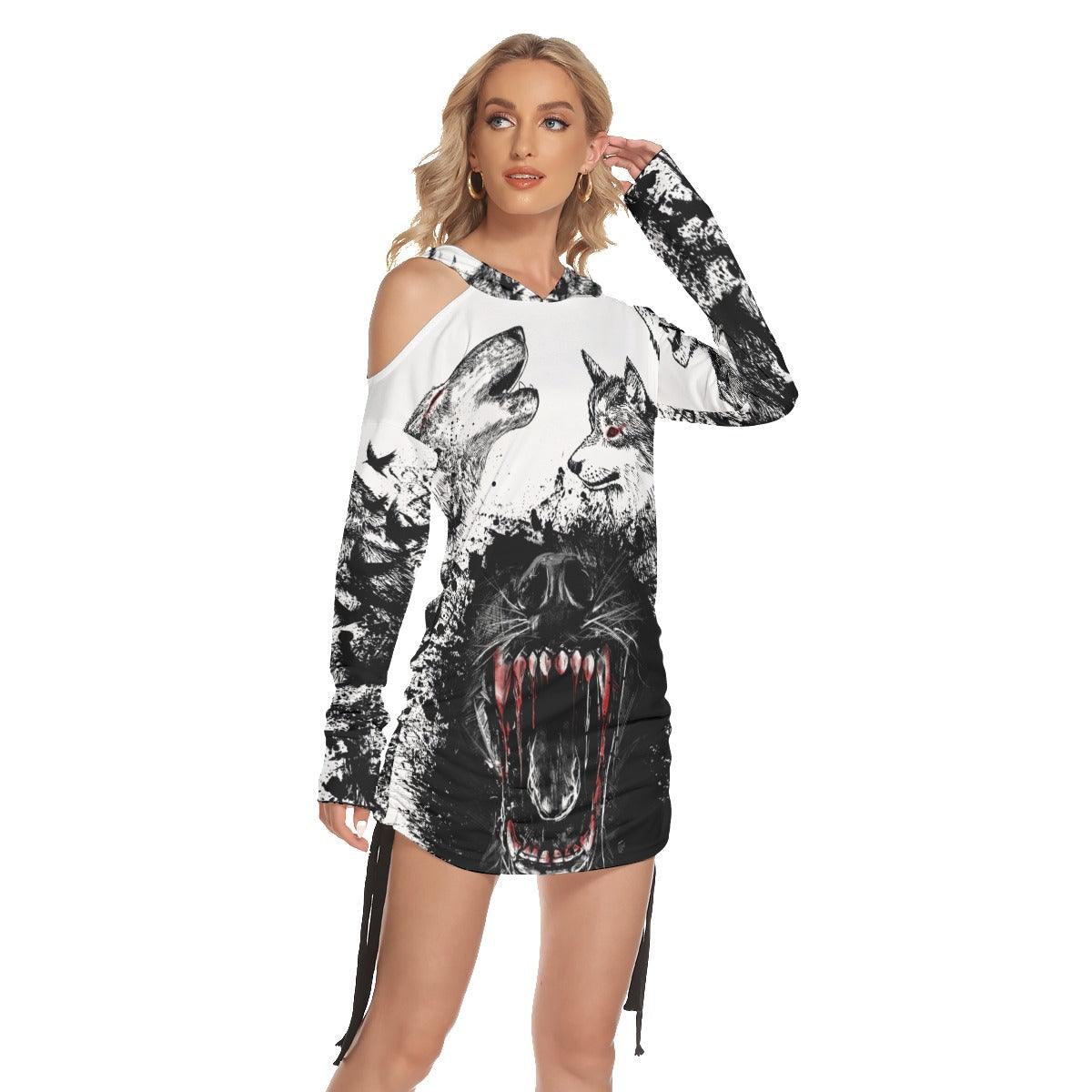 Wolves Howling All Over Print Women One Shoulder Dress With Waist Shirring, Hot Long Hoodie For Women - Wonder Skull