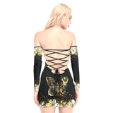 Gold Flowers Butterfly Off-shoulder Back Lace-up Dress - Wonder Skull