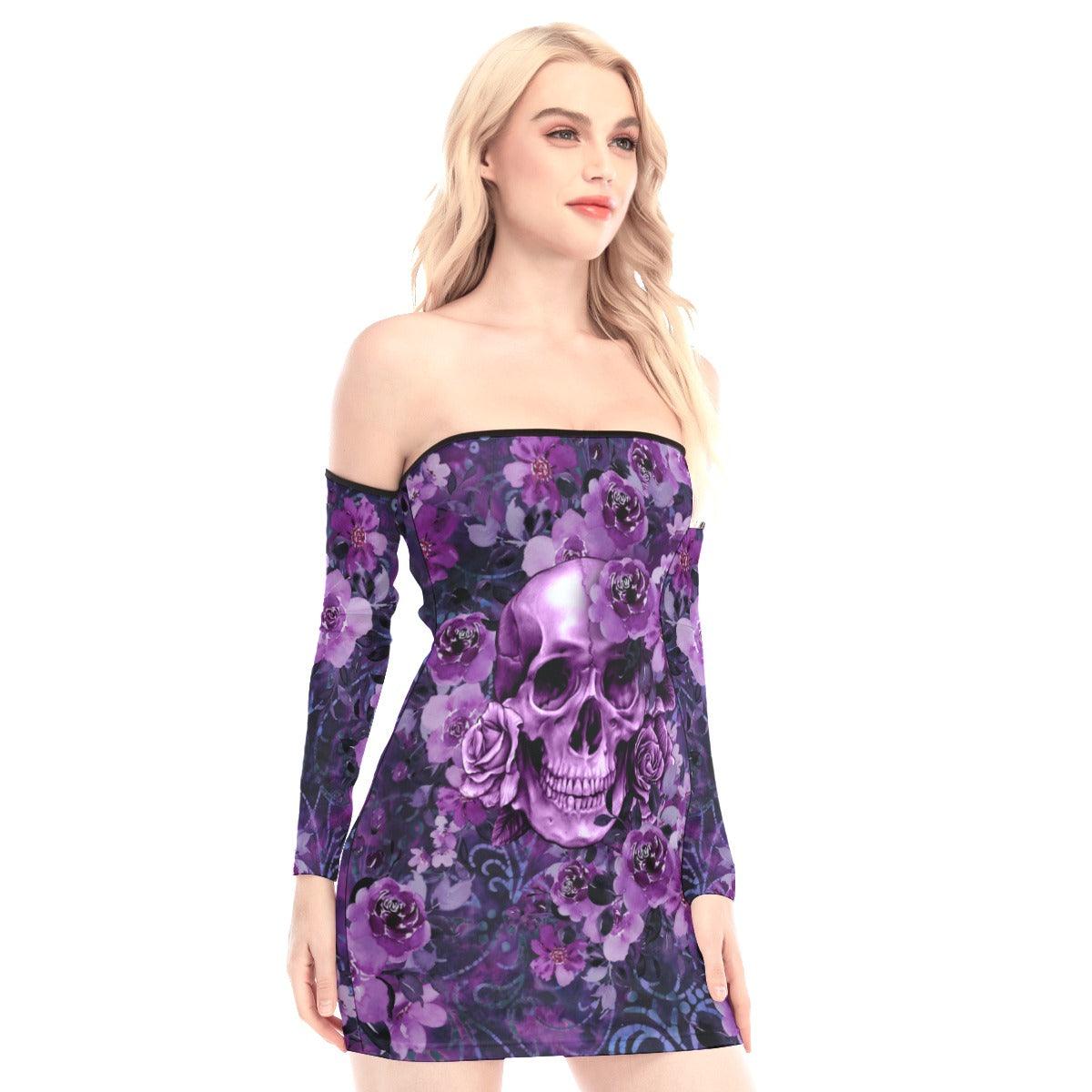 Purple Skull Flowers Off-shoulder Back Lace-up Dress - Wonder Skull