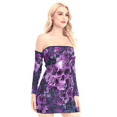 Purple Skull Flowers Off-shoulder Back Lace-up Dress - Wonder Skull