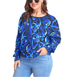 Cyan Roses Skulls Backless Sweatshirt With Bat Sleeve - Wonder Skull